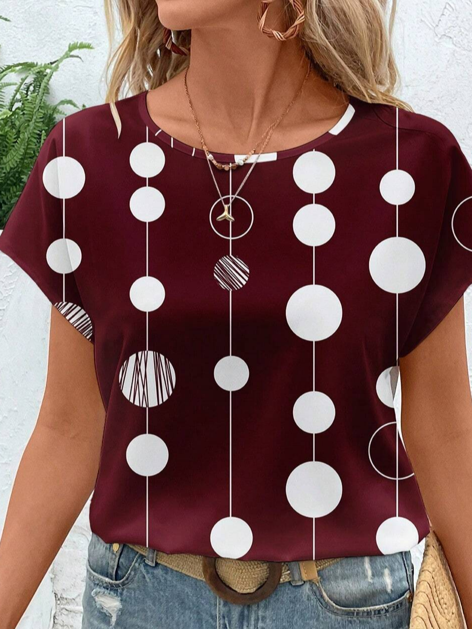 Women Polka Dots Short Sleeve Tee T-shirt Crew Neck Printing Casual Summer Graphic Tee Top