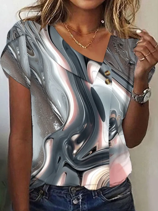 Women Geometric Short Sleeve Tee T-shirt Asymmetrical Buckle Vintage Summer Top