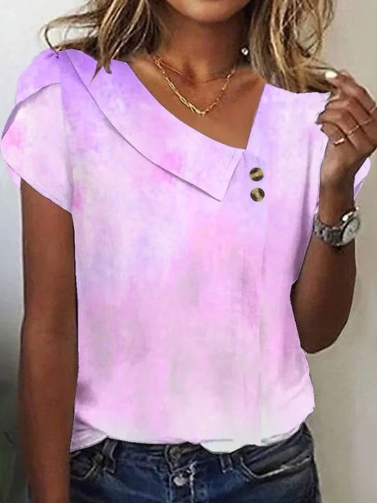 Women Geometric Short Sleeve Tee T-shirt Asymmetrical Buckle Vintage Summer Top