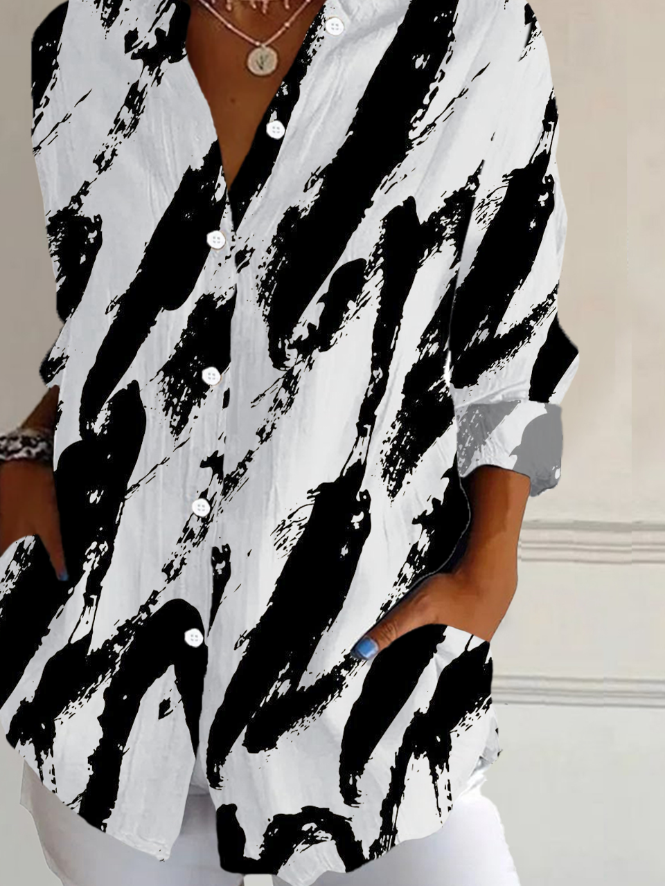 Women Abstract Long Sleeve Shirt Spring/Fall Buckle Shirt Collar Daily Casual Top