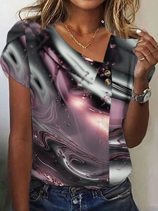 Women Geometric Short Sleeve Tee T-shirt Asymmetrical Buckle Vintage Summer Top
