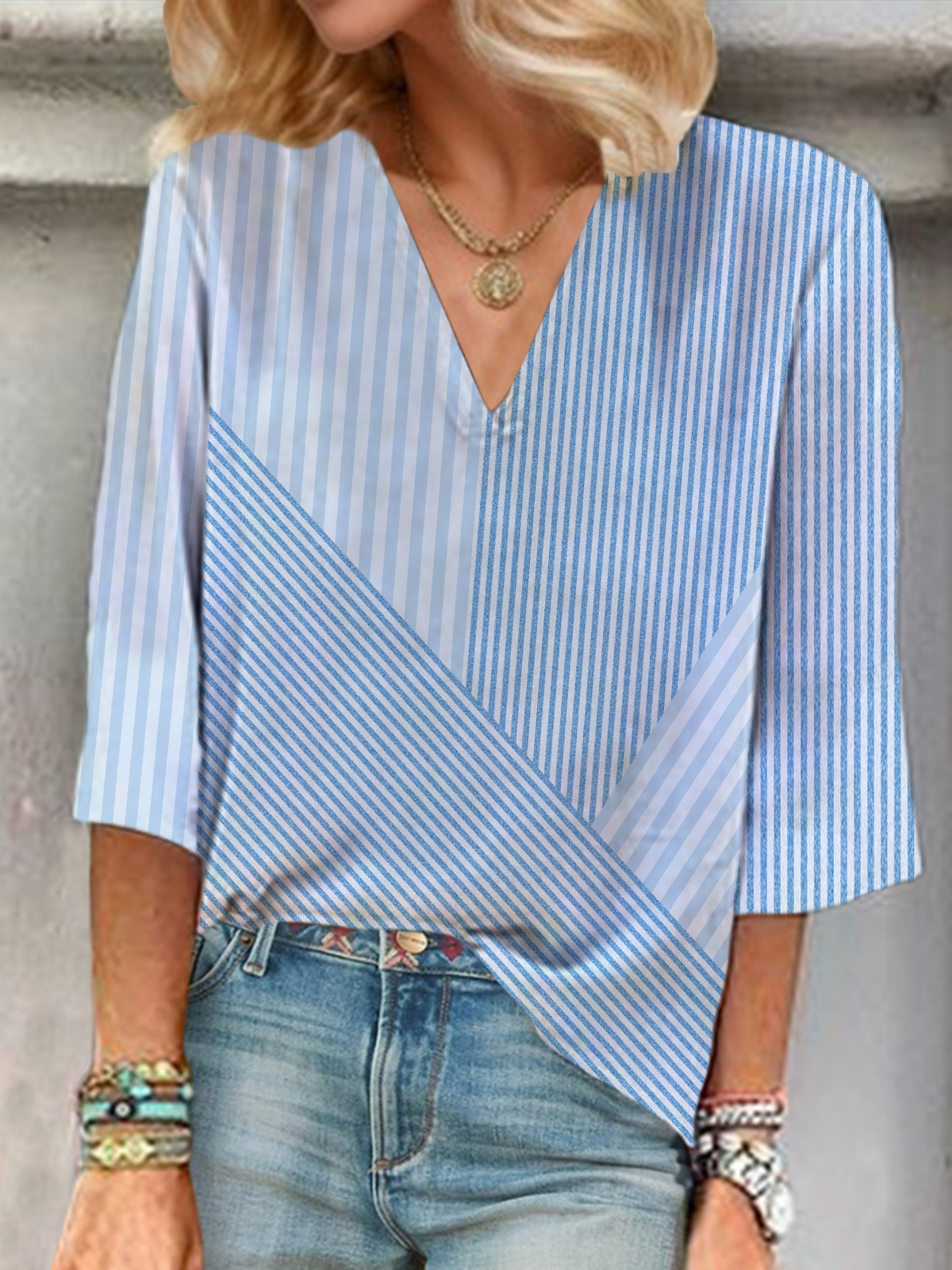 Women Striped Three Quarter Sleeve Blouse Spring/Fall Printing V Neck Daily Casual Top