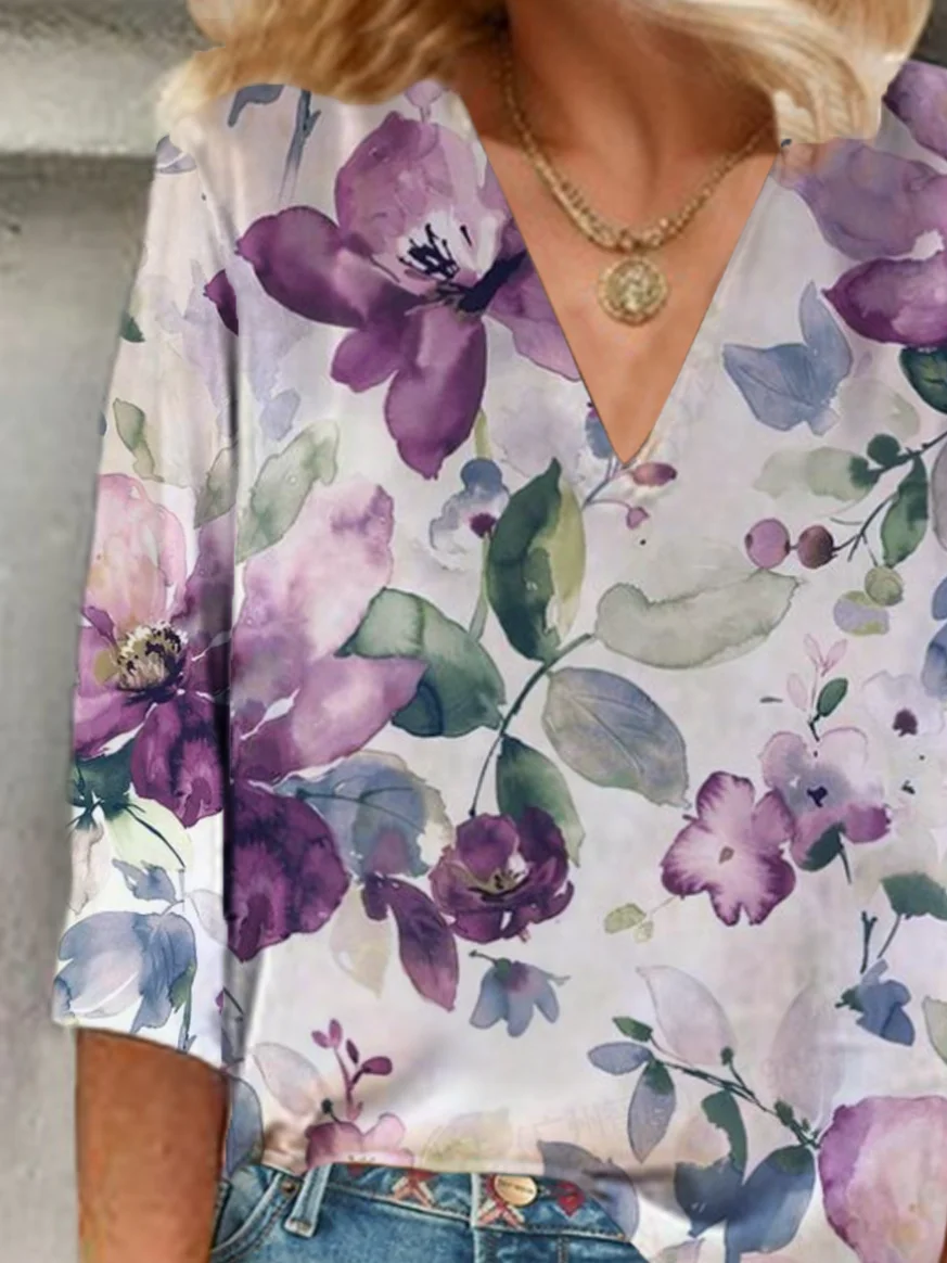 Women Floral Three Quarter Sleeve Blouse Spring/Fall V Neck Daily Casual Top