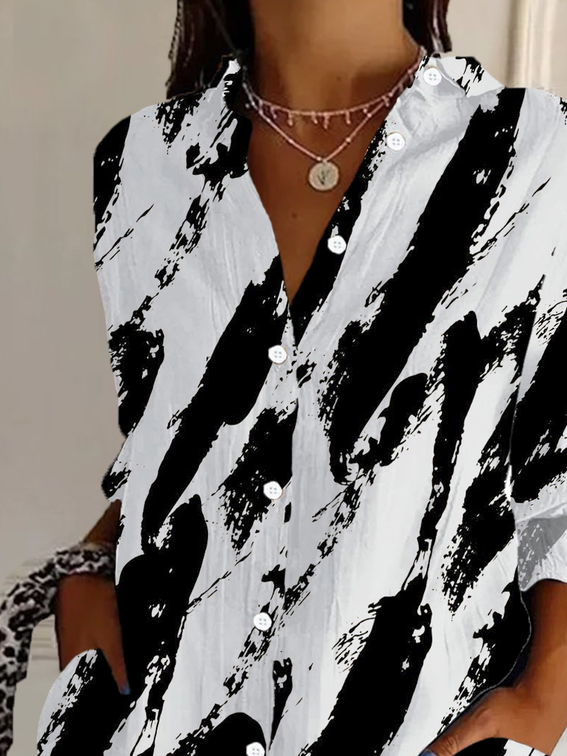 Women Abstract Long Sleeve Shirt Spring/Fall Buckle Shirt Collar Daily Casual Top