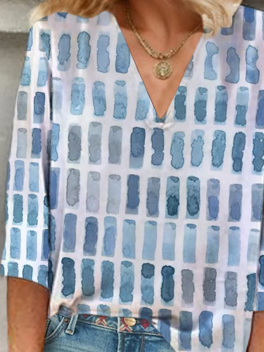 Women Geometric Three Quarter Sleeve Blouse Spring/Fall Printing V Neck Daily Casual Top