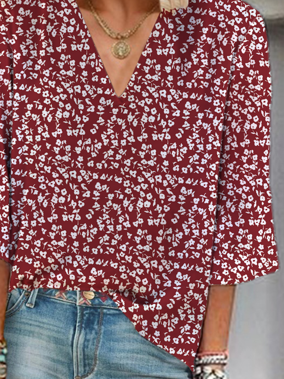 Women Floral Three Quarter Sleeve Blouse Spring/Fall Printing V Neck Daily Casual Top