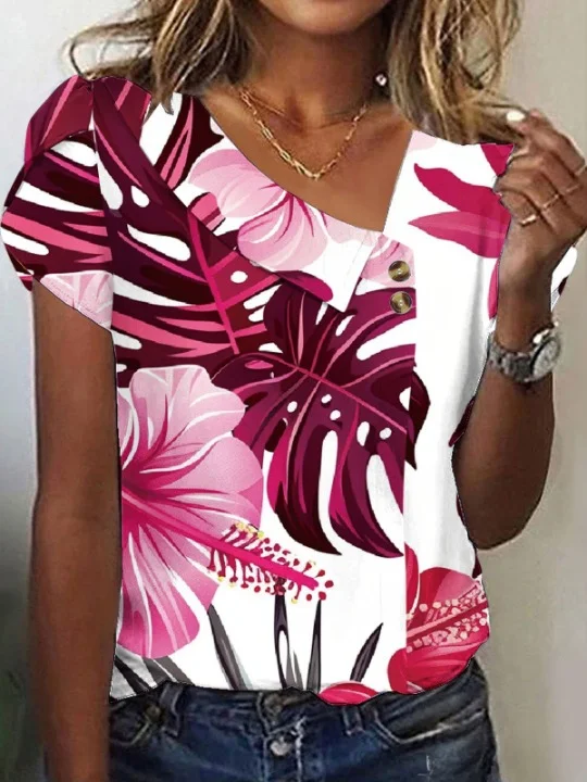 Women Geometric Short Sleeve Tee T-shirt Asymmetrical Buckle Vintage Summer Top