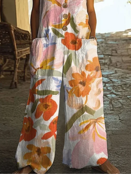 Women Floral Crew Neck Sleeveless Casual Summer Jumpsuit