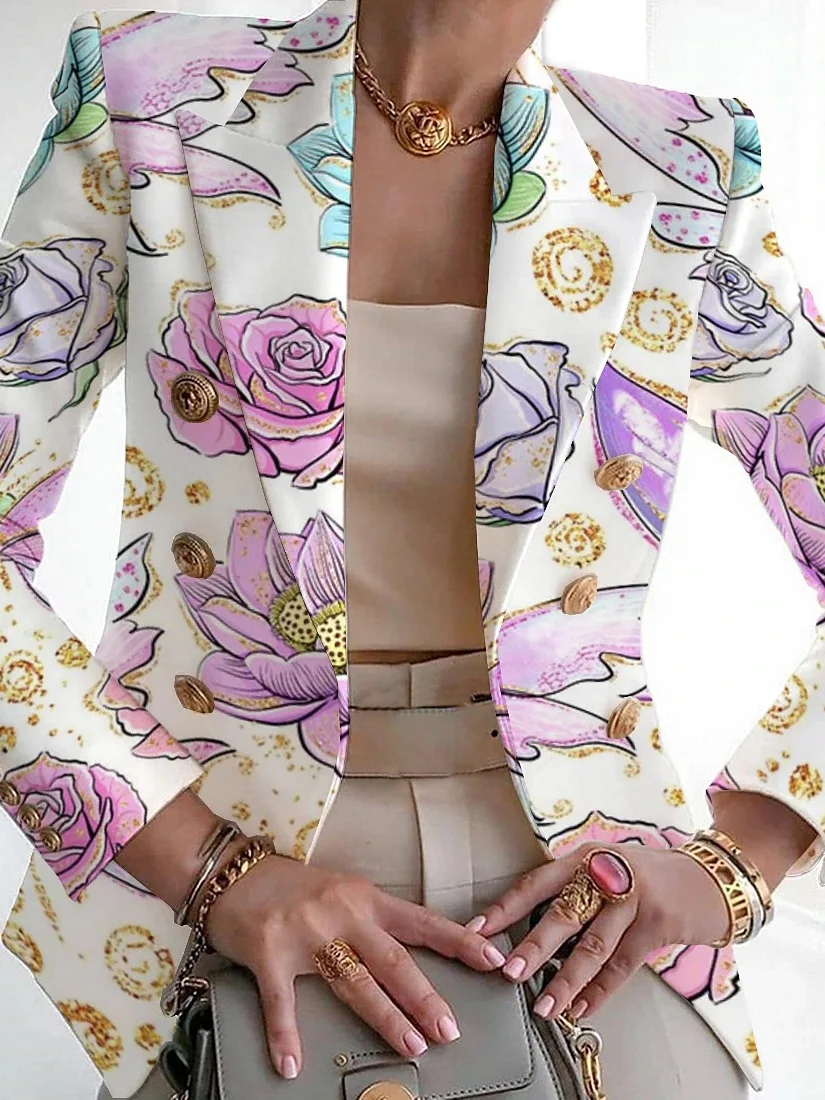 Women Floral Spring/Fall Outerwear Vintage Printing Long Sleeve Shawl Collar Regular Blazer