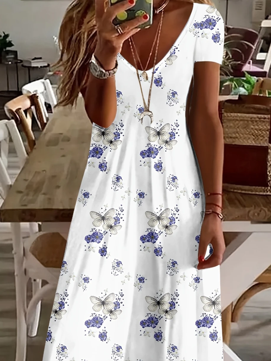 Women Floral Short Sleeve Summer Printing Dress V Neck Daily Casual Maxi X-Line Dress
