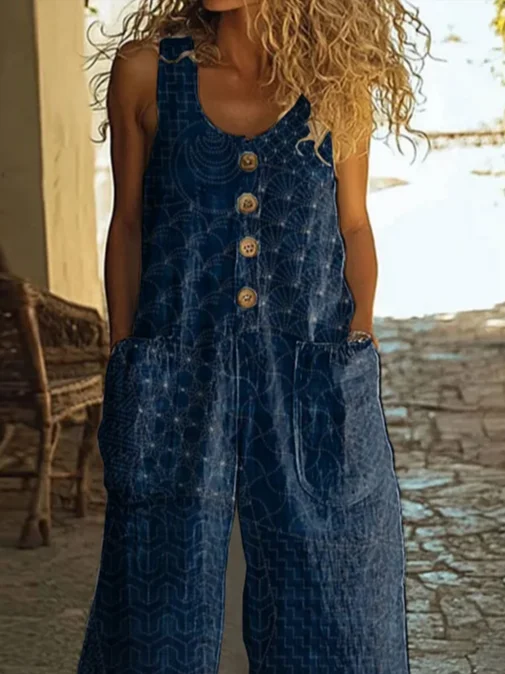 Women Geometric Crew Neck Sleeveless Casual Summer Jumpsuit