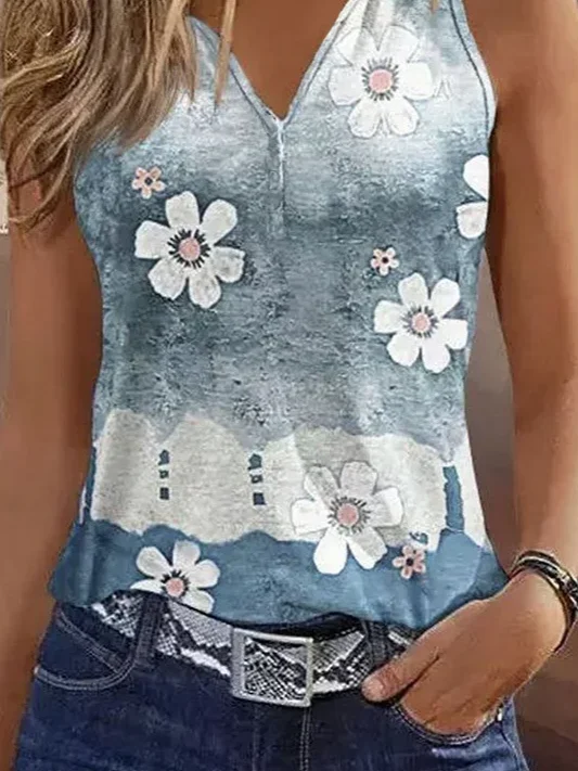Women Sleeveless Tank Top Camisole Summer Floral Printing V Neck Daily Casual Top