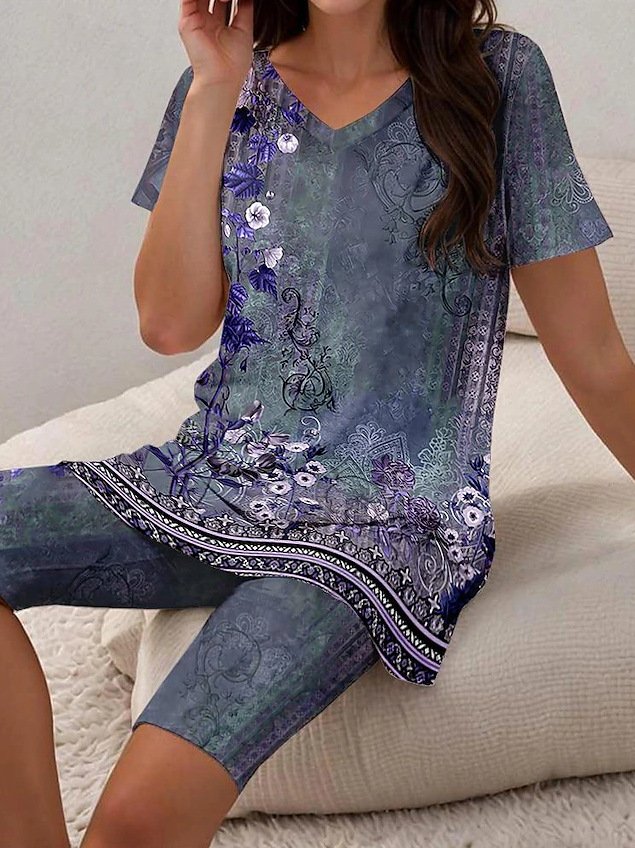 Women Floral Two-Piece Set Daily Short Sleeve Casual Summer Top With Pants Matching Set