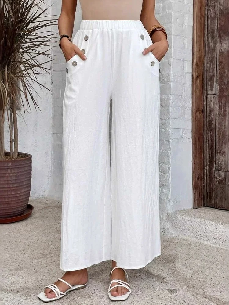 Women Plain Long Elastic Waist Pants Casual Spring/Fall Trousers