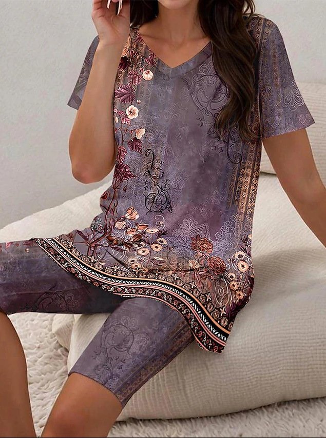 Women Floral Two-Piece Set Daily Short Sleeve Casual Summer Top With Pants Matching Set