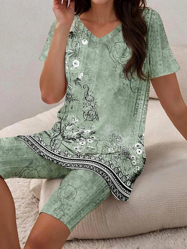 Women Floral Two-Piece Set Daily Short Sleeve Casual Summer Top With Pants Matching Set