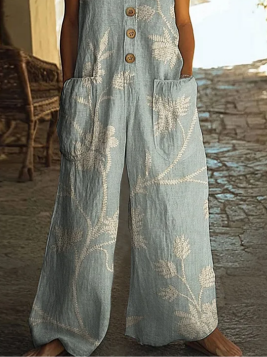 Women Floral Crew Neck Sleeveless Casual Summer Jumpsuit