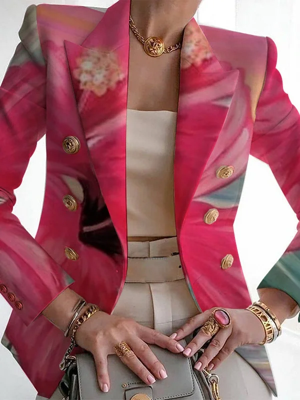 Women Floral Spring/Fall Outerwear Vintage Printing Long Sleeve Regular Blazer