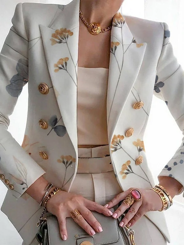Women Floral Spring/Fall Outerwear Vintage Printing Long Sleeve Regular Blazer