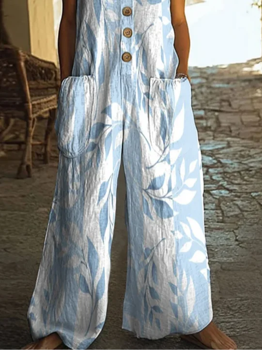 Women Floral Crew Neck Sleeveless Casual Summer Jumpsuit