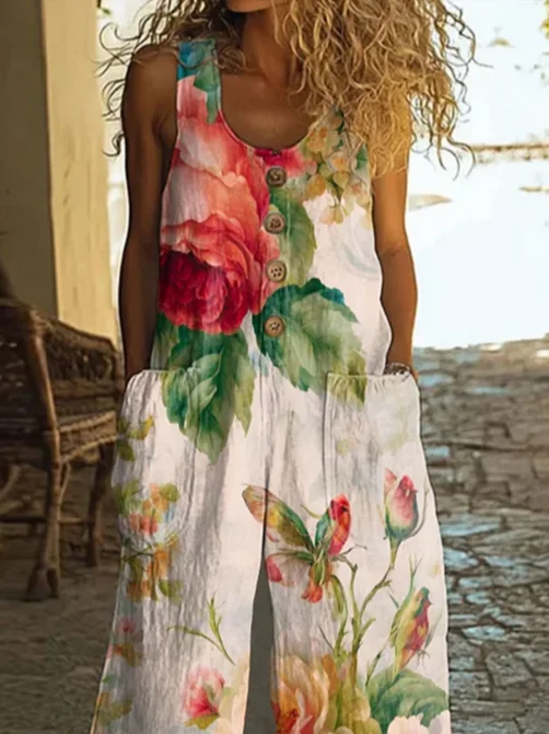 Women Floral Crew Neck Sleeveless Casual Summer Jumpsuit