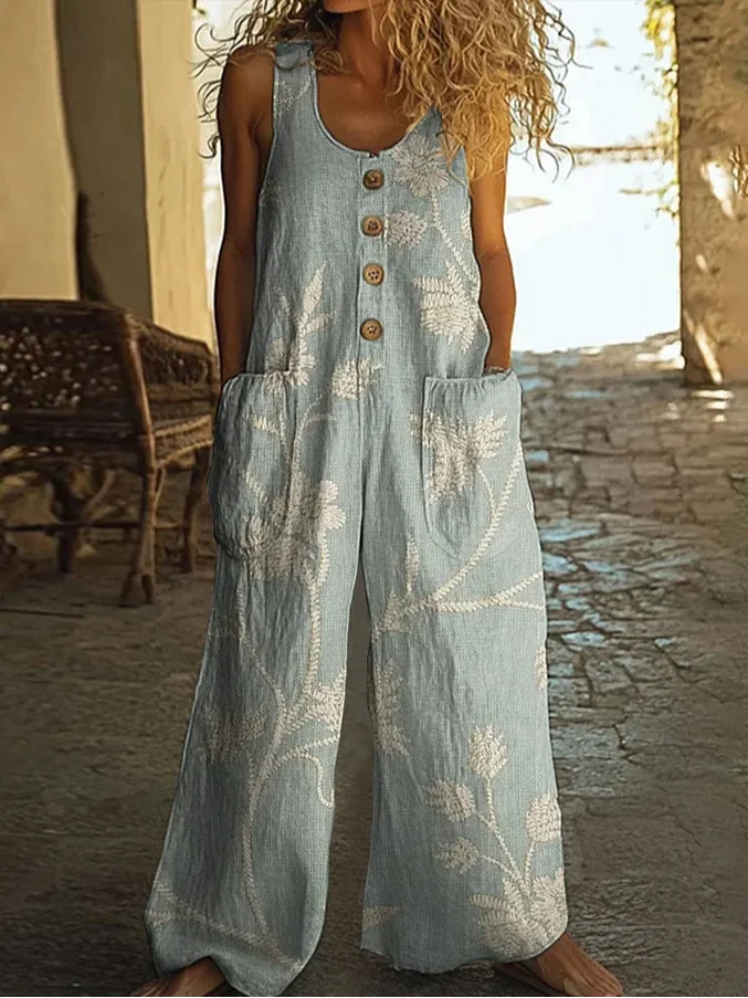 Women Floral Crew Neck Sleeveless Casual Summer Jumpsuit