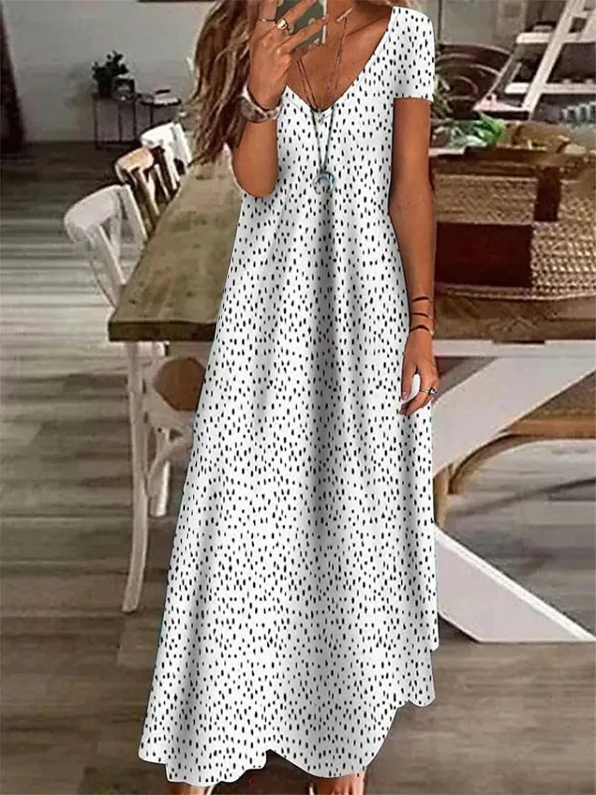 Women Polka Dots Short Sleeve Summer Printing Dress V Neck Daily Casual Maxi X-Line Dress