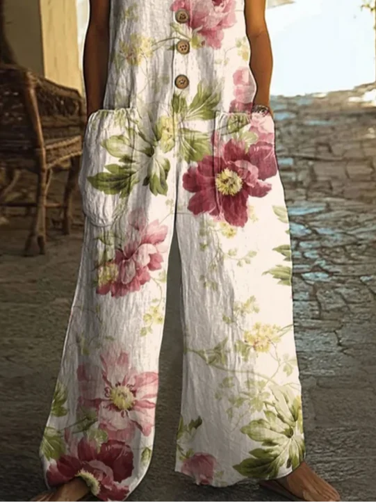 Women Floral Crew Neck Sleeveless Casual Summer Jumpsuit
