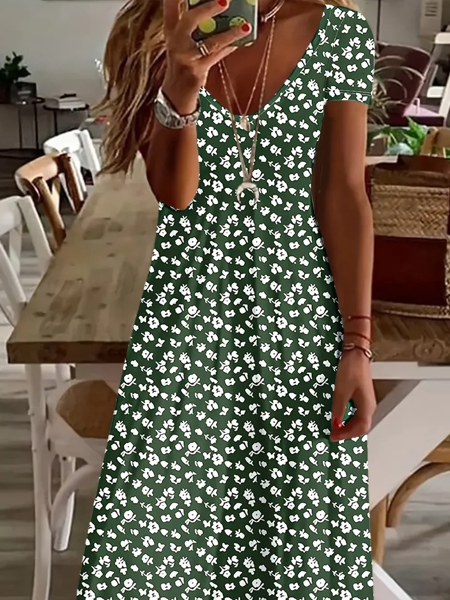 Women Floral Short Sleeve Summer Printing Dress V Neck Daily Casual Maxi X-Line Dress