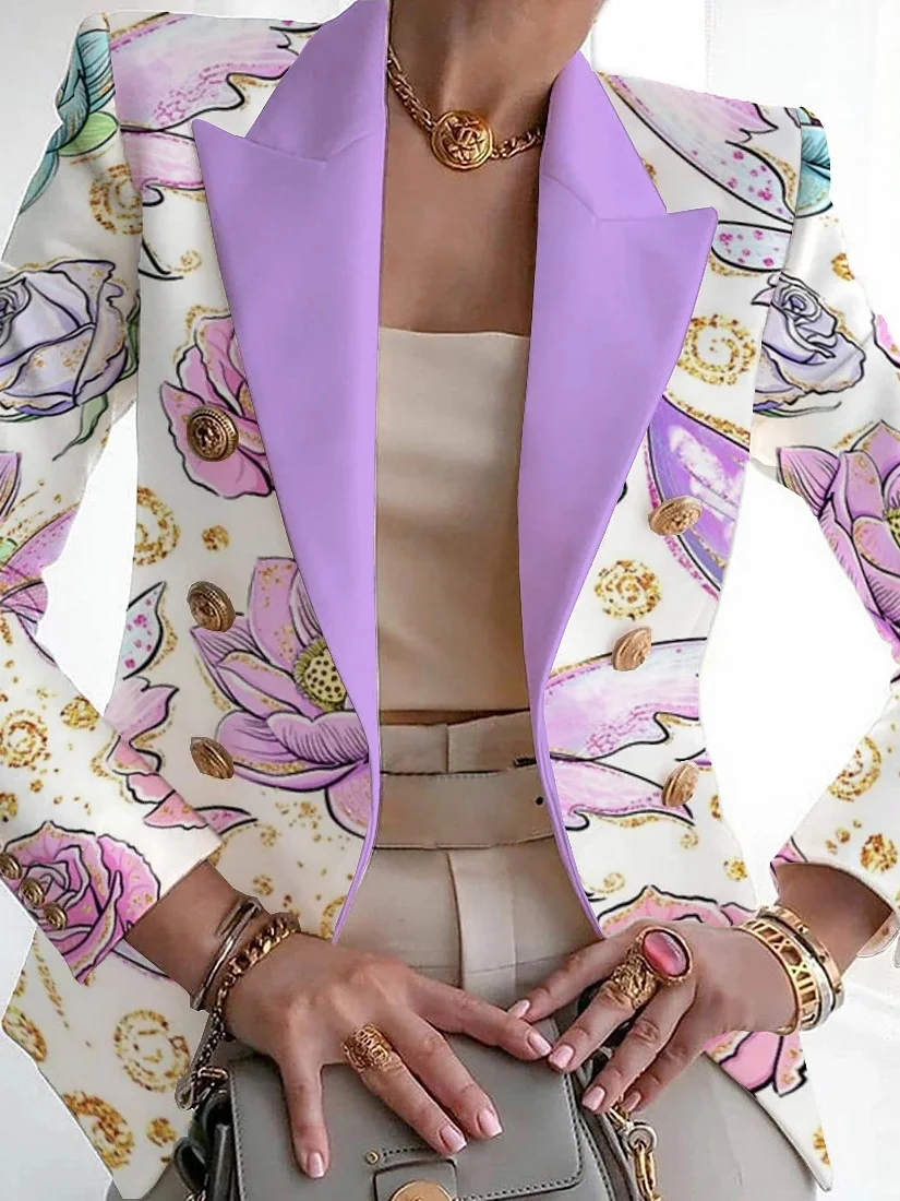 Women Floral Spring/Fall Outerwear Vintage Printing Long Sleeve Shawl Collar Regular Blazer