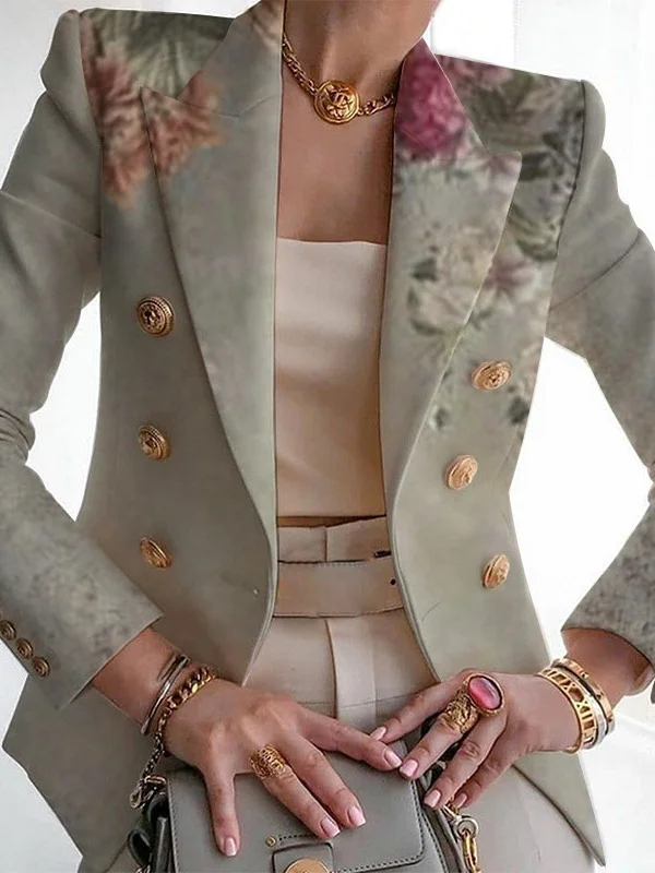 Women Floral Spring/Fall Outerwear Vintage Printing Long Sleeve Regular Blazer