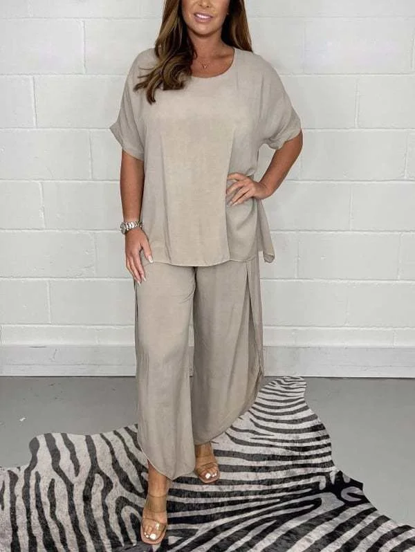 Women Plain Two-Piece Set Daily Half Sleeve Vintage Summer Top With Pants Matching Set