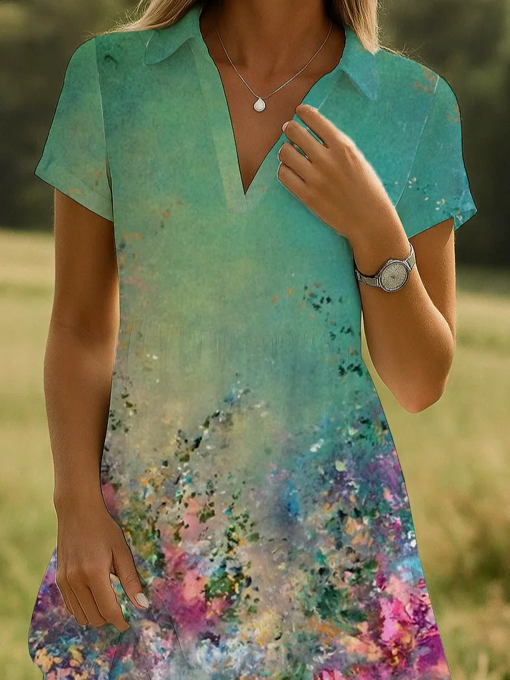 Women Floral Short Sleeve Summer Printing Dress Shawl Collar Daily Casual Knee Length A-Line Dress