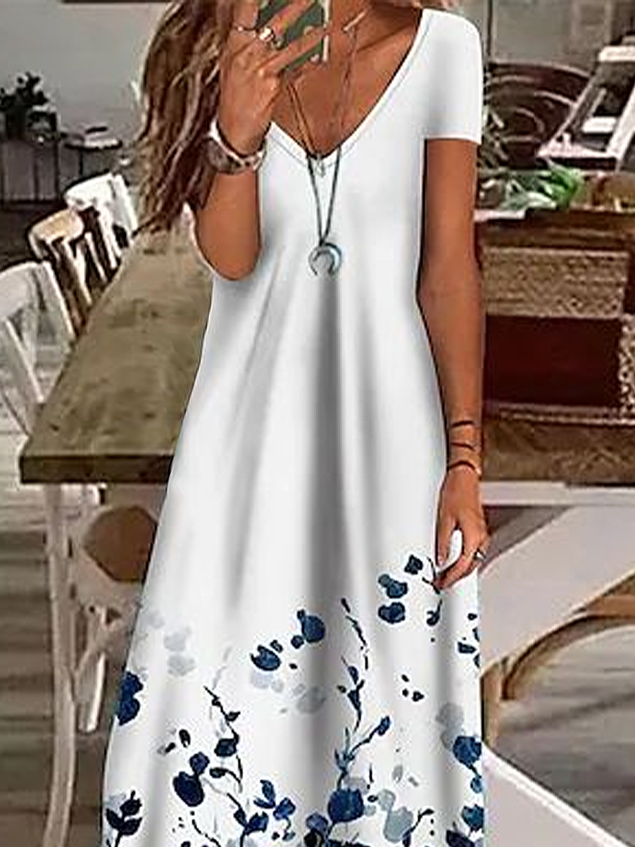 Women Floral Short Sleeve Summer Printing Dress V Neck Daily Casual Maxi X-Line Dress