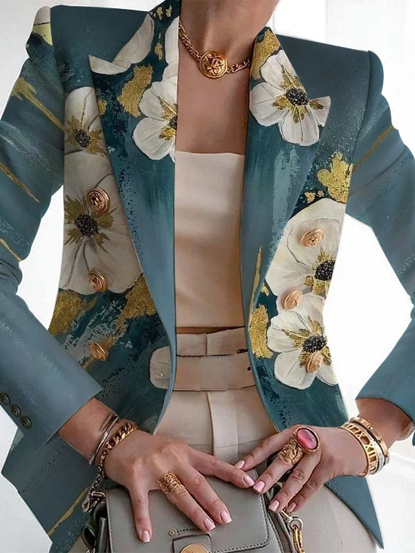 Women Floral Spring/Fall Outerwear Vintage Printing Long Sleeve Regular Blazer
