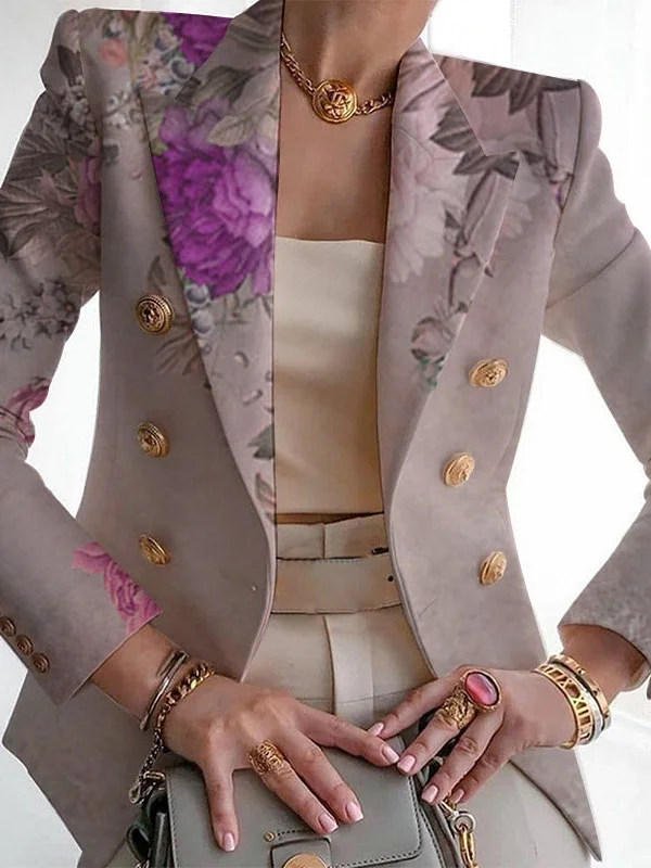 Women Floral Spring/Fall Outerwear Vintage Printing Long Sleeve Regular Blazer