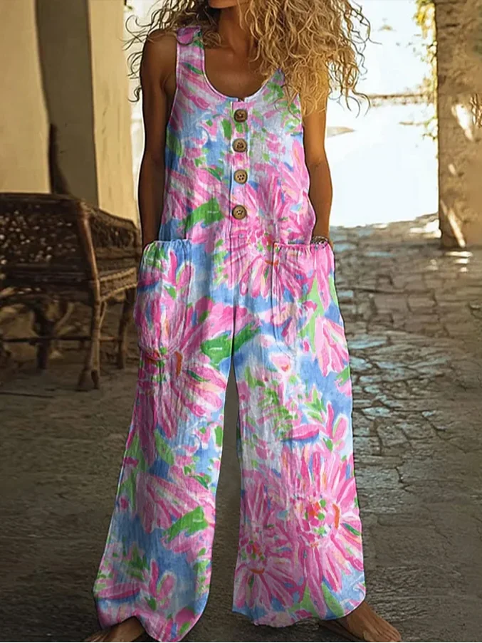 Women Floral Crew Neck Sleeveless Casual Summer Jumpsuit