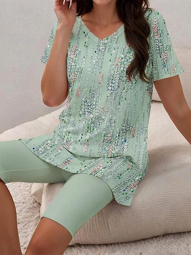 Women Floral Two-Piece Set Daily Short Sleeve Casual Summer Top With Pants Matching Set