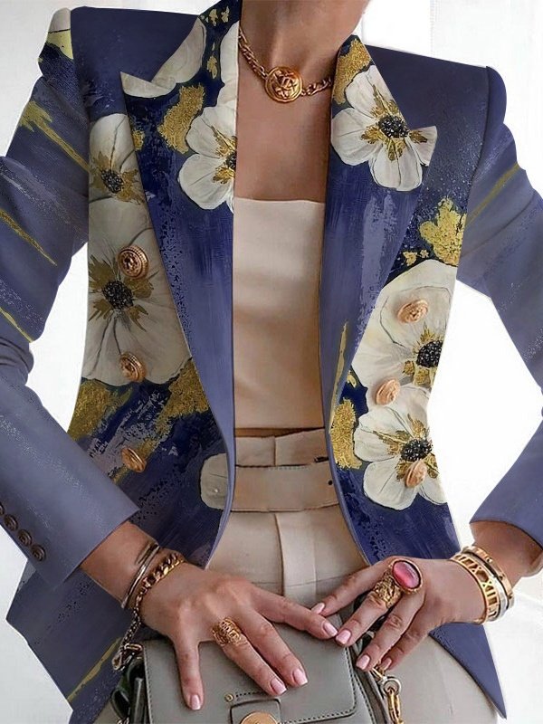Women Floral Spring/Fall Outerwear Vintage Printing Long Sleeve Regular Blazer