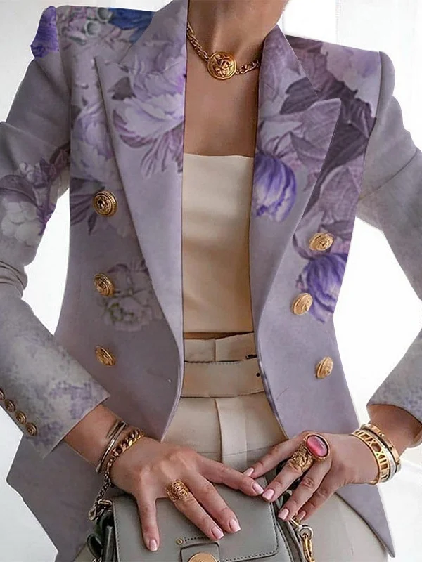 Women Floral Spring/Fall Outerwear Vintage Printing Long Sleeve Regular Blazer