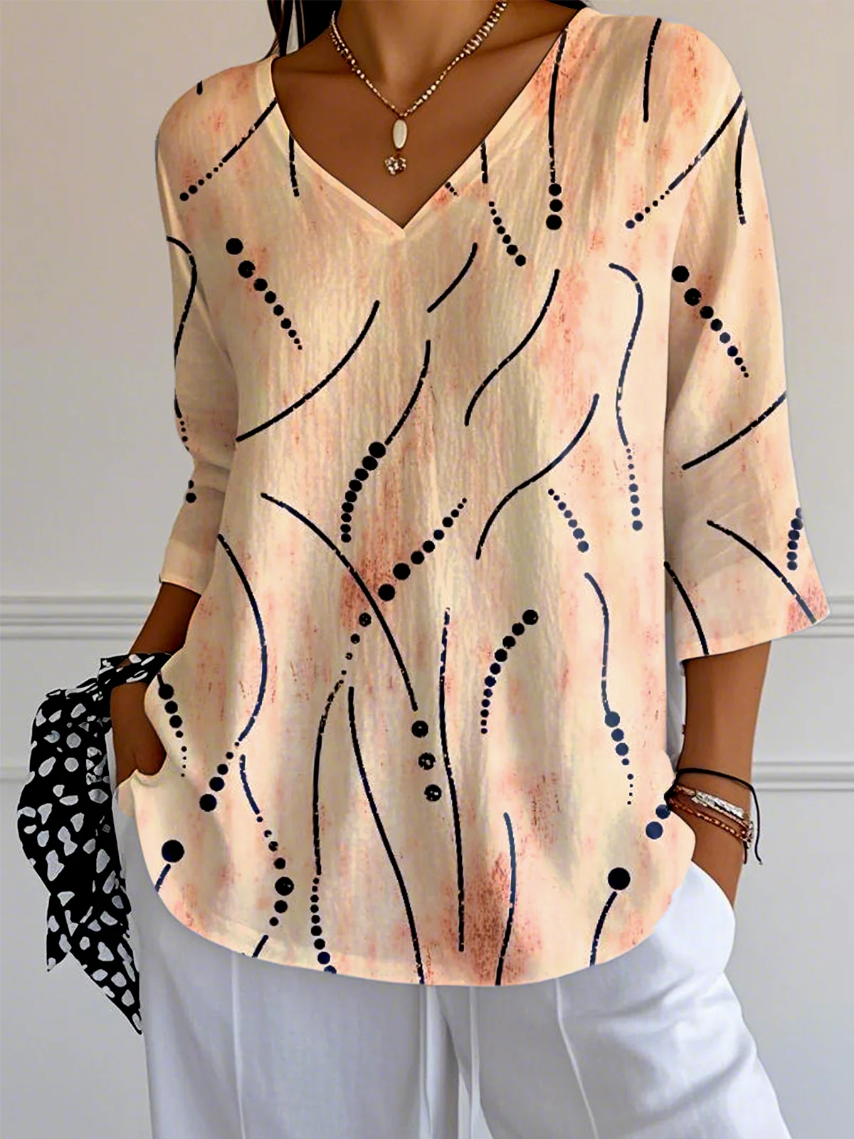 Women Striped Three Quarter Sleeve Tee T-shirt V Neck Casual Spring/Fall Top