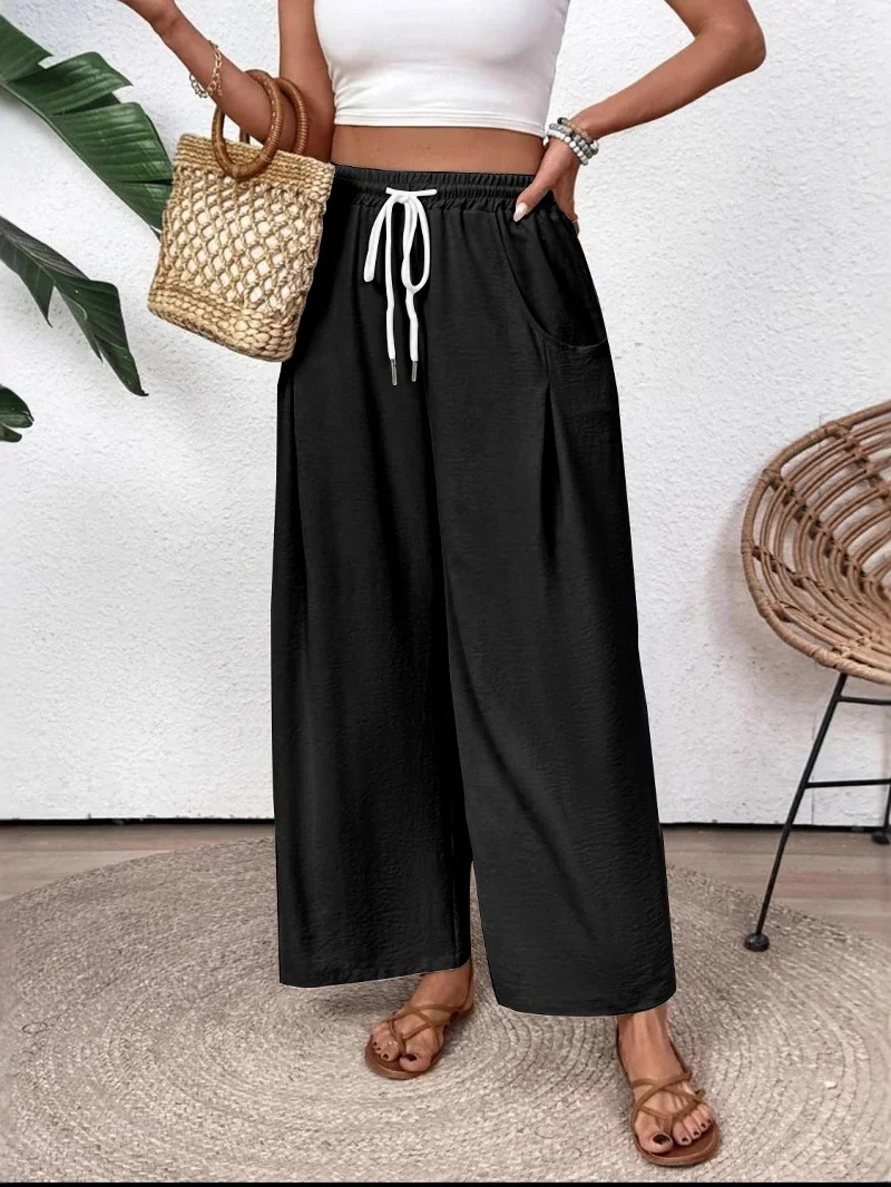 Women Plain Long Elastic Waist Pants Casual Spring/Fall Trousers