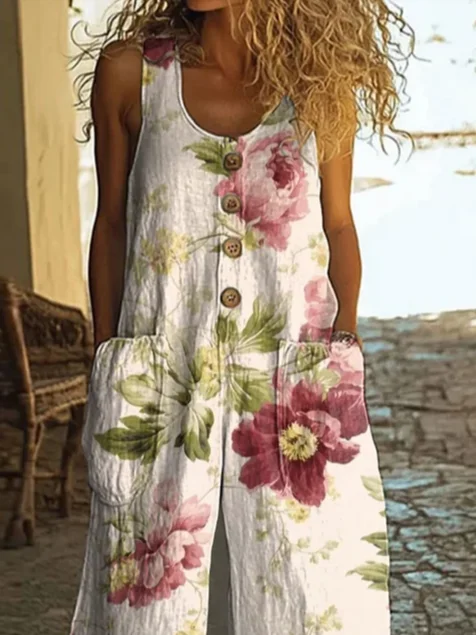 Women Floral Crew Neck Sleeveless Casual Summer Jumpsuit