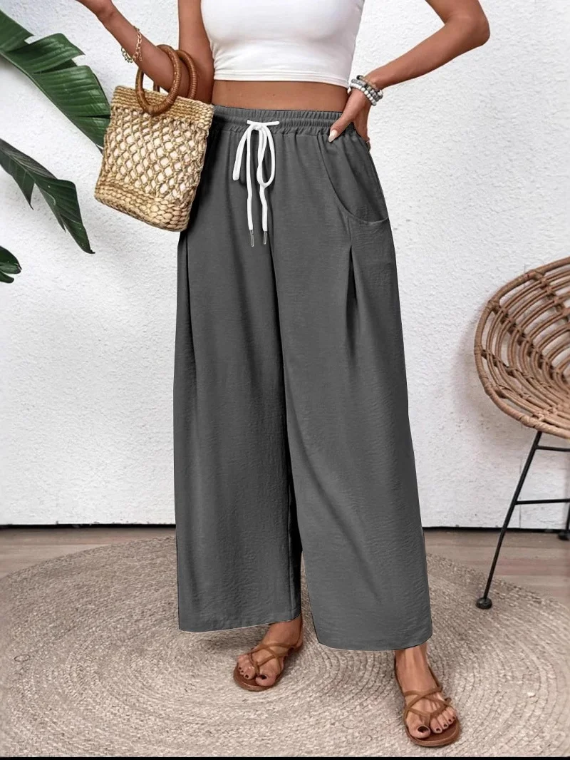 Women Plain Long Elastic Waist Pants Casual Spring/Fall Trousers