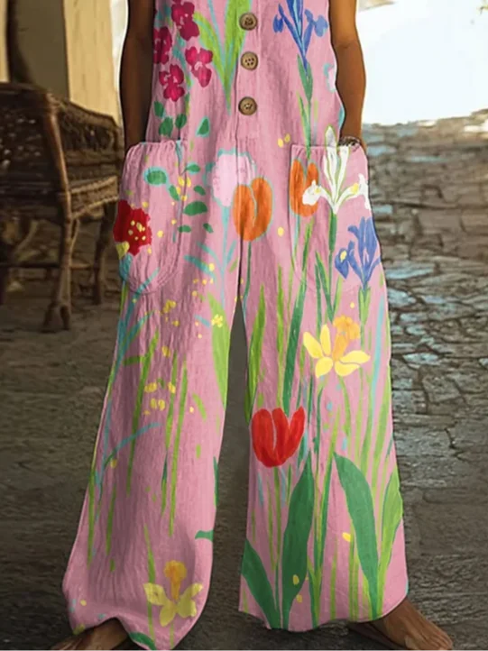 Women Floral Crew Neck Sleeveless Casual Summer Jumpsuit
