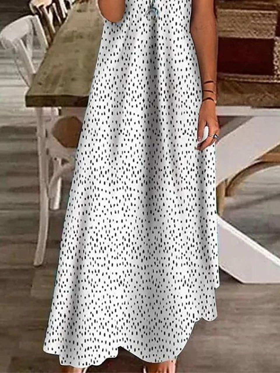 Women Polka Dots Short Sleeve Summer Printing Dress V Neck Daily Casual Maxi X-Line Dress