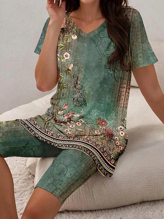 Women Floral Two-Piece Set Daily Short Sleeve Casual Summer Top With Pants Matching Set