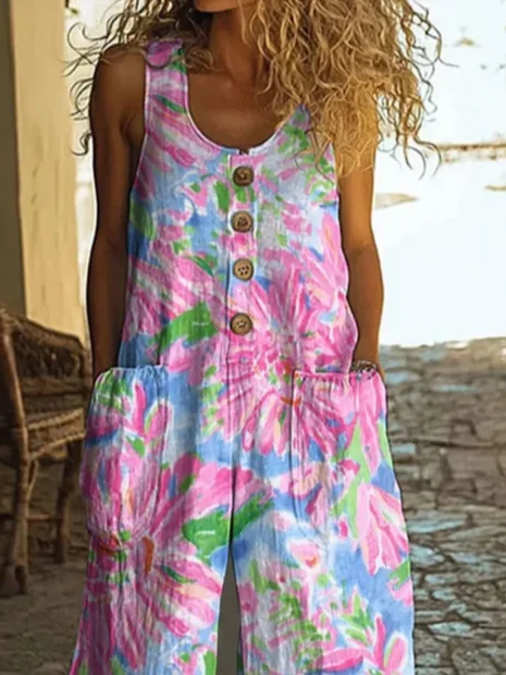 Women Floral Crew Neck Sleeveless Casual Summer Jumpsuit
