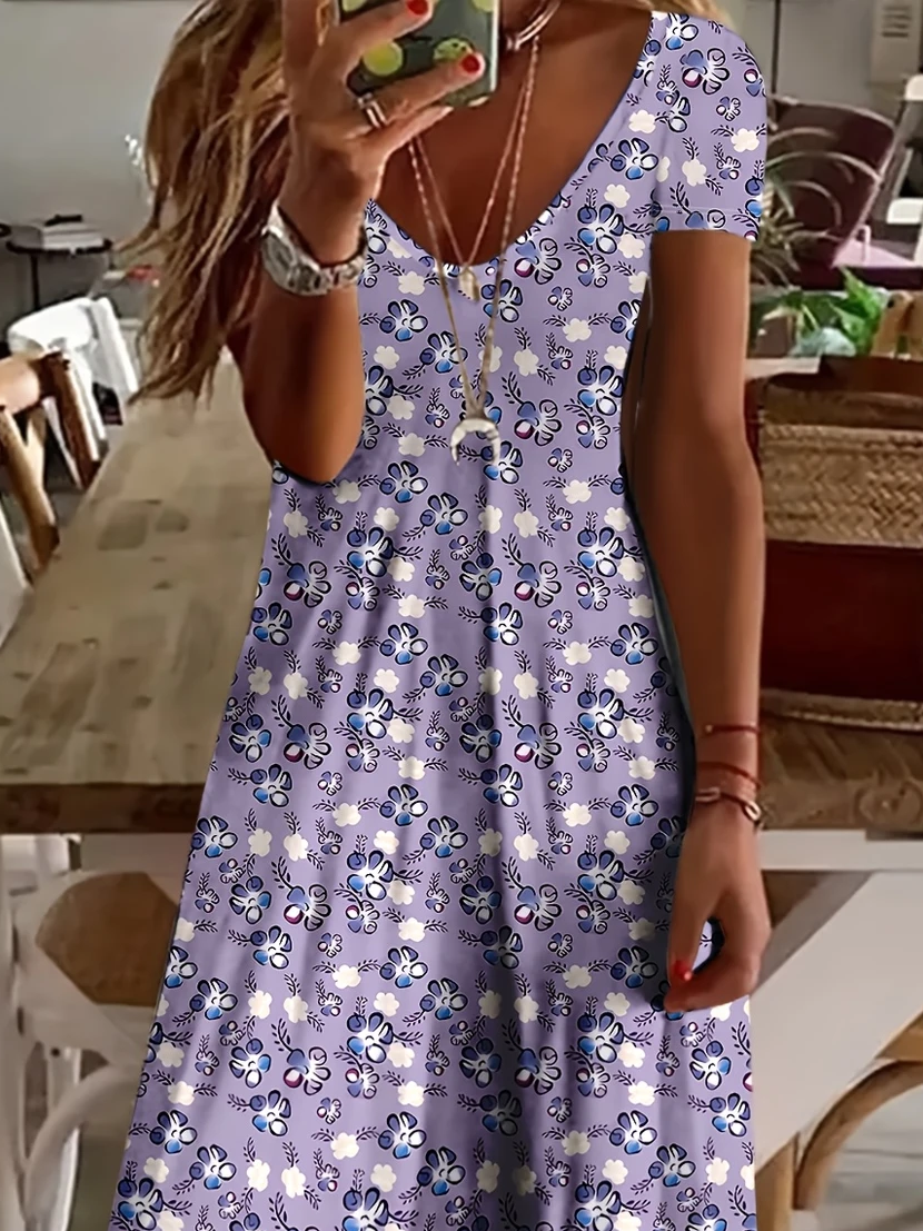 Women Floral Short Sleeve Summer Printing Dress V Neck Daily Casual Maxi X-Line Dress