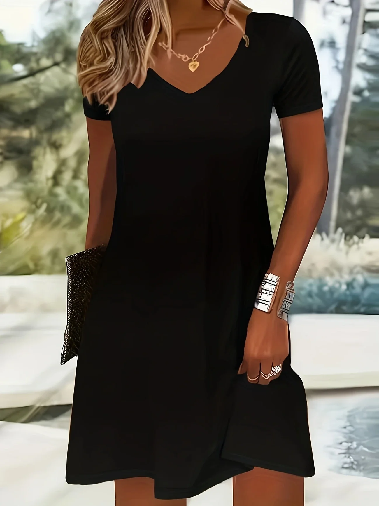 Women Plain Short Sleeve Summer Dress V Neck Daily Casual Midi Fit & Flare Dress A-Line Dress